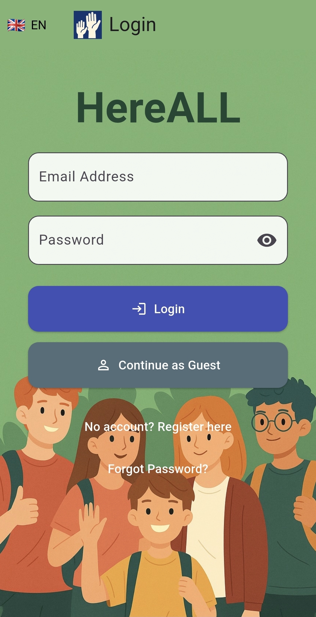 HereALL login screen